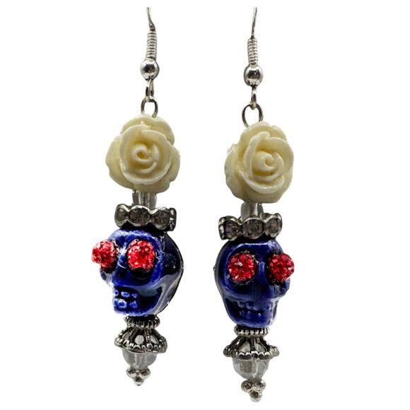 Navy Skull Day of the Dead/Dia de Muertos Dangle Earrings Halloween Jewelry - Picture 1 of 6